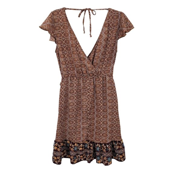 Y2K Boho Flutter Sleeve Faux Wrap Baby Doll Mini Dress Sz M Ruffle Hem Brown - Picture 6 of 13